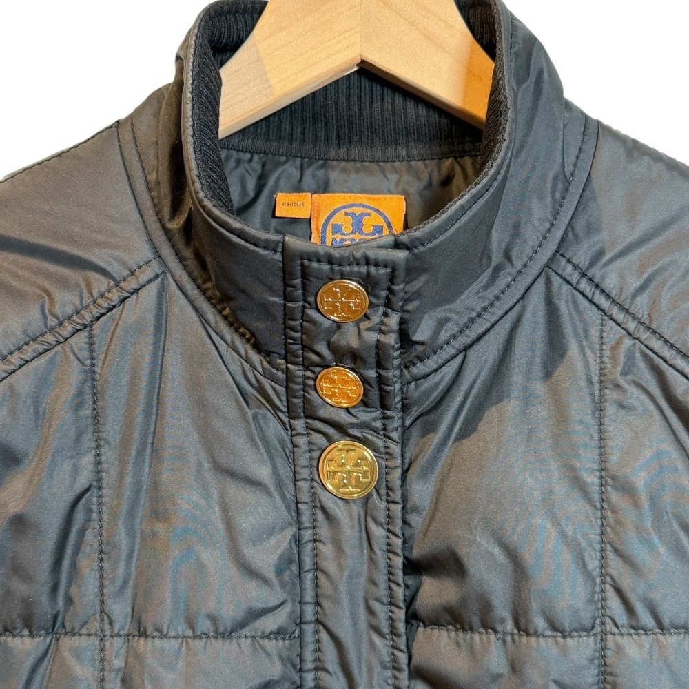 Tory Burch Black Quilted Puffer Vest Gold Logo Snap Button Preppy Luxury Large L - Picture 2 of 10